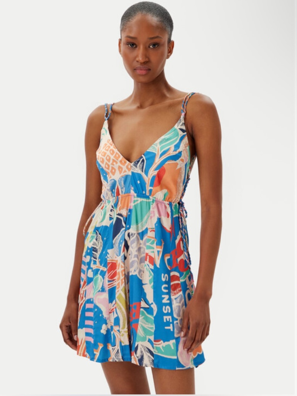 MAAJI Tropical Bliss Tropi Short Dress Blue Tropical Print V-Neck Mini Dress M - Picture 3 of 14